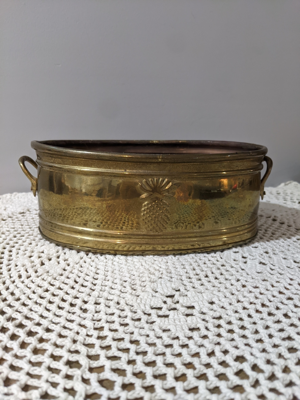 Vintage Brass Oval Planter with Pineapple Motif